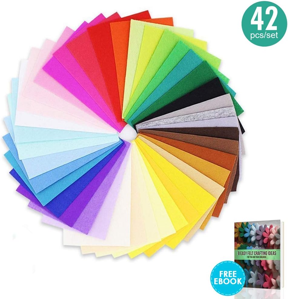 42 pcs 8 x 12 inch (20 x 30 cm) Craft Felt Sheets, Assorted Color 1mm thick Felt Fabric Squares, Nonwoven Fabric Sheet Pack for DIY Craft Patchworks Sewing with Easy Felt Crafting Ideas Ebook