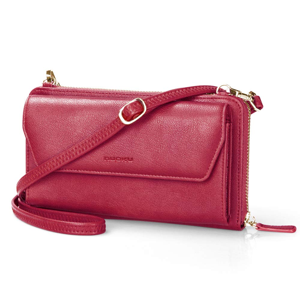 nuoku Womens RFID Wallet Purse Wristlet Crossbody Clutch with Zip Around 2 Strap (Wine Red)