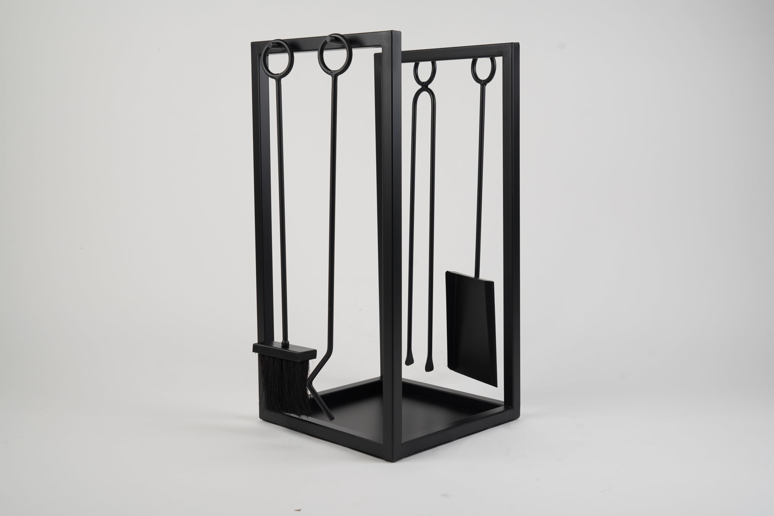 Caliente Black Log Holder with Fire Set Tools – Heavy Duty Iron Fireplace Wood Rack with Poker, Tongs, Shovel & Brush, Durable Storage Organizer for Indoor & Outdoor Fireplaces and Stoves