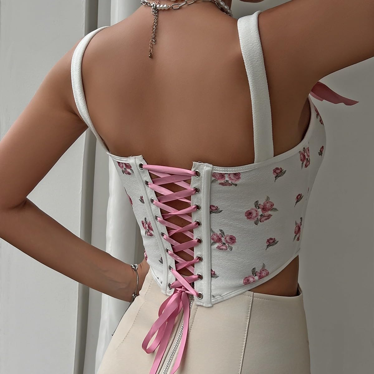 Women Cute Vintage Print Bows Floral Lace Up Corset Tank Top Square Neck Bustier Crop Tops - Image 3