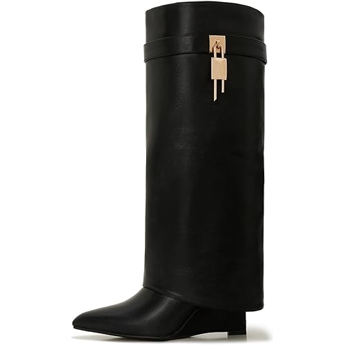 Women's Wide Calf Shark Boots - Fold Over Knee High Leather Boots with Side Zipper and Lock Buckle, Low Wedge Heel Winter Style