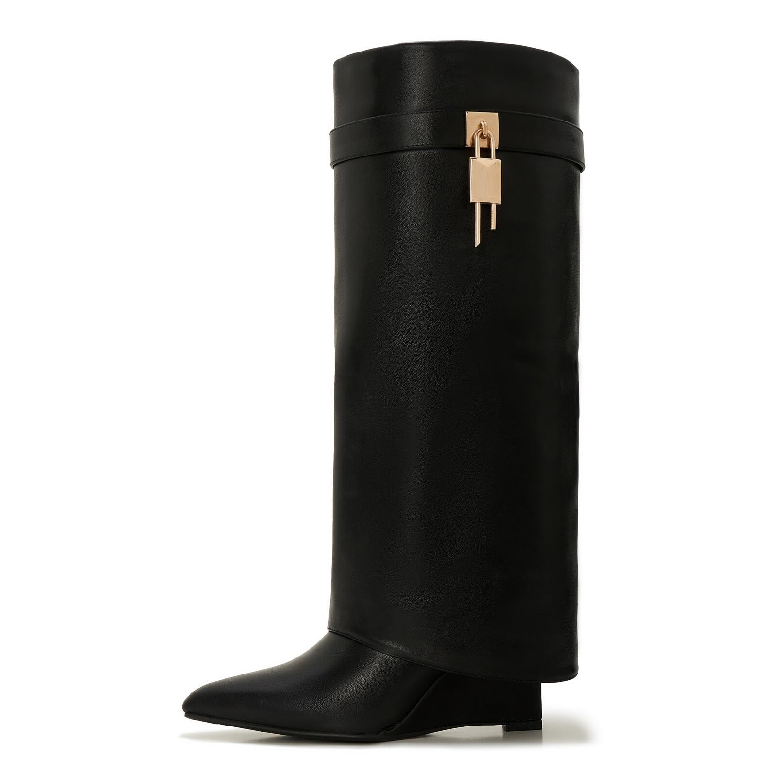 Womens Wide Calf Shark Boots - Fold Over Knee High Leather Boots with Side Zipper and Lock Buckle
