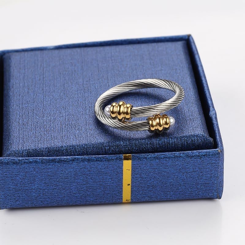 Twisted Cable Wire Rings for Women, Adjustable Stainless Steel Open ring in Two Tone Silver Gold Designer Brand Inspired Jewelries in Gift Box - Image 6