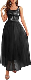 Sequin Dress for Woman Vintage A Line Wedding Formal Swing Mesh Dress Sleeveless Cocktail Maxi Gowns - Buy now