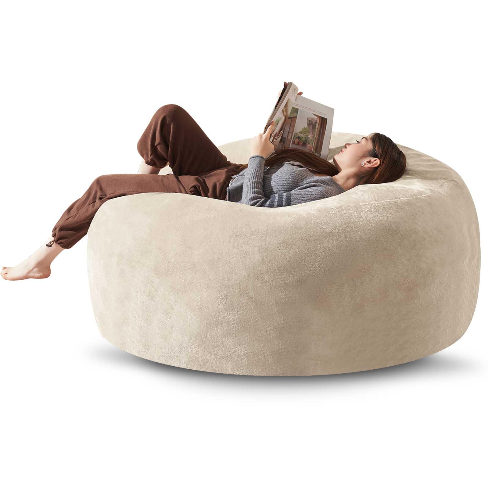 Bean Bag Chair 5Ft, Memory Foam Filled, Large Beanbag Chairs for Adults and Teens, Soft Sofa with Removable Flannel Cover, Round Couch for Living Room