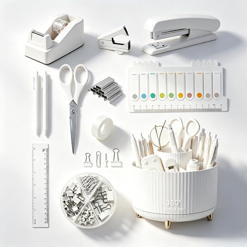 Office Supplies Set Rotating Pen Holder for Desk with Stapler Staple Remover, Tape Dispenser,Tape Refills, Binder Paper Clips Kit, Scissor,Pen, Ruler & Sticky Tabs,White Office School Supplies(White)