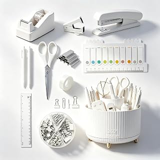 Office Supplies Set Rotating Pen Holder for Desk with Stapler Staple Remover, Tape Dispenser,Tape Refills, Binder Paper Clips Kit, Scissor,Pen, Ruler & Sticky Tabs,White Office School Supplies(White)