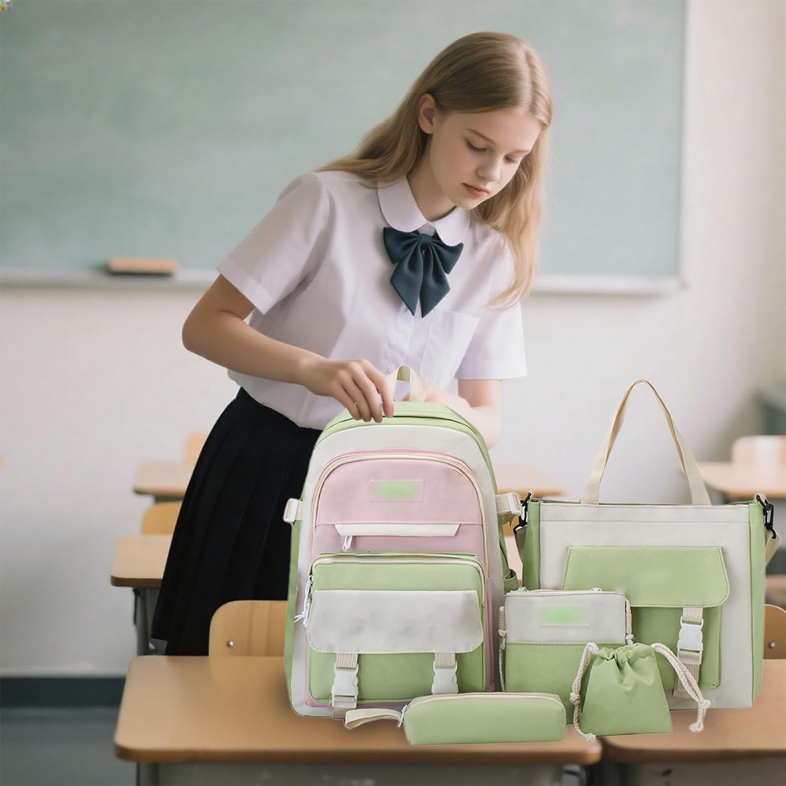 Generisch Nylon Rucksack Damen Mädchen, Leichter Schulrucksack mit 5-teiligem Set, Wasserdichter Tagesrucksack für Reisen, Büchertasche mit Großem Fassungsvermögen (Green, One Size)