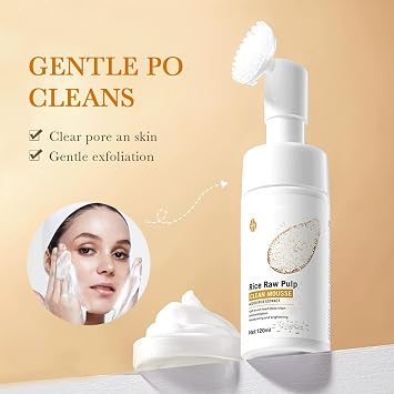 Rice Cleansing Foam Rice Cleansing Mousse Face Cleanser Rice Facial Cleansing with Silicone Cleaning Brush Face Blackheads Deep Cleansing Pore Cleanser 120 ml Cleanser (4)