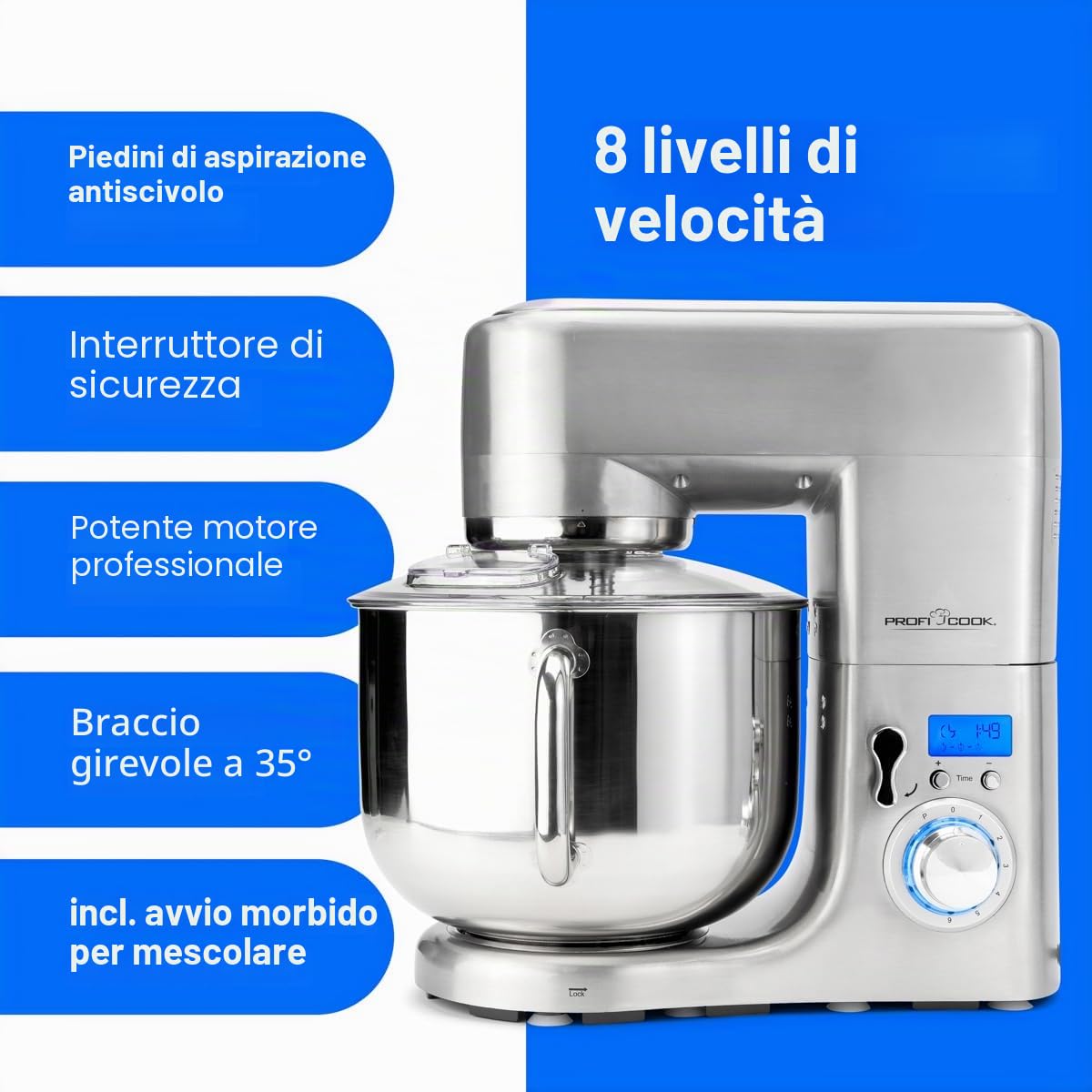 ProfiCook® Macchina da cucina con ciotola in acciaio inox XXXL | Forno 10L con motore 1500W | Impastatrice incl. Ganci e smerigliatrici | Impastatrice con apertura di riempimento | PC-KM 1096