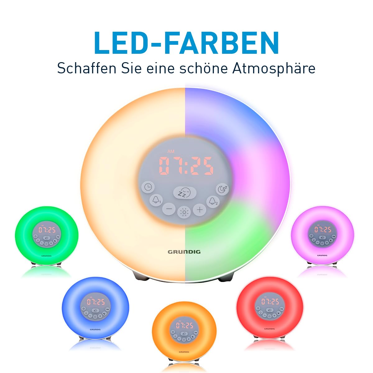Grundig Lichtwecker mit FM-Radio - Tageslichtwecker mit 10 natürlichen Klängen - Wecker mit Farbwechsel-LED und Zonsopgangsimulation - Schlummer- und Timerfunktion, Weiß
