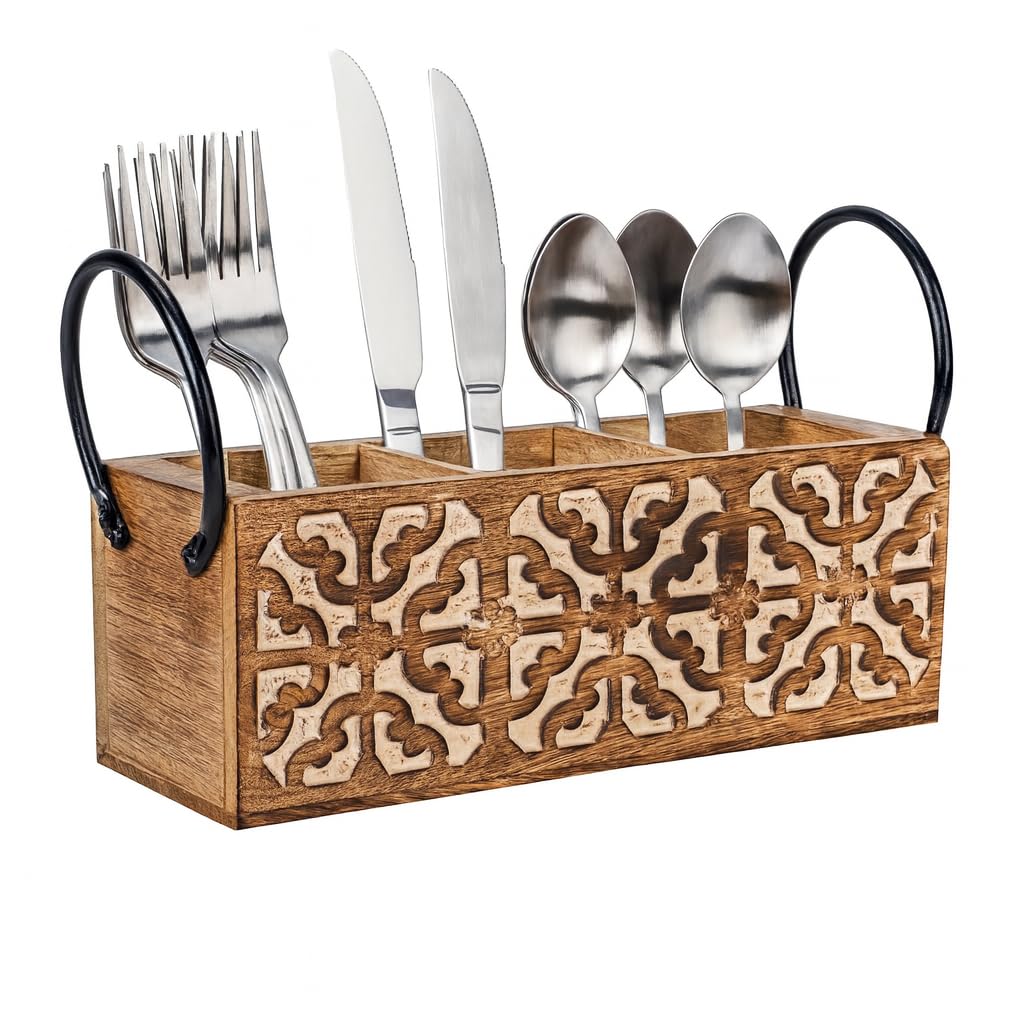 Rustic Wooden Spoon Holder & Cutlery Stand – Medium Brown Kitchen Organizer with Engraved Design – 3 Compartment Natural Wood Countertop Caddy – 11″ Length x 4″ Width x 4″ Height