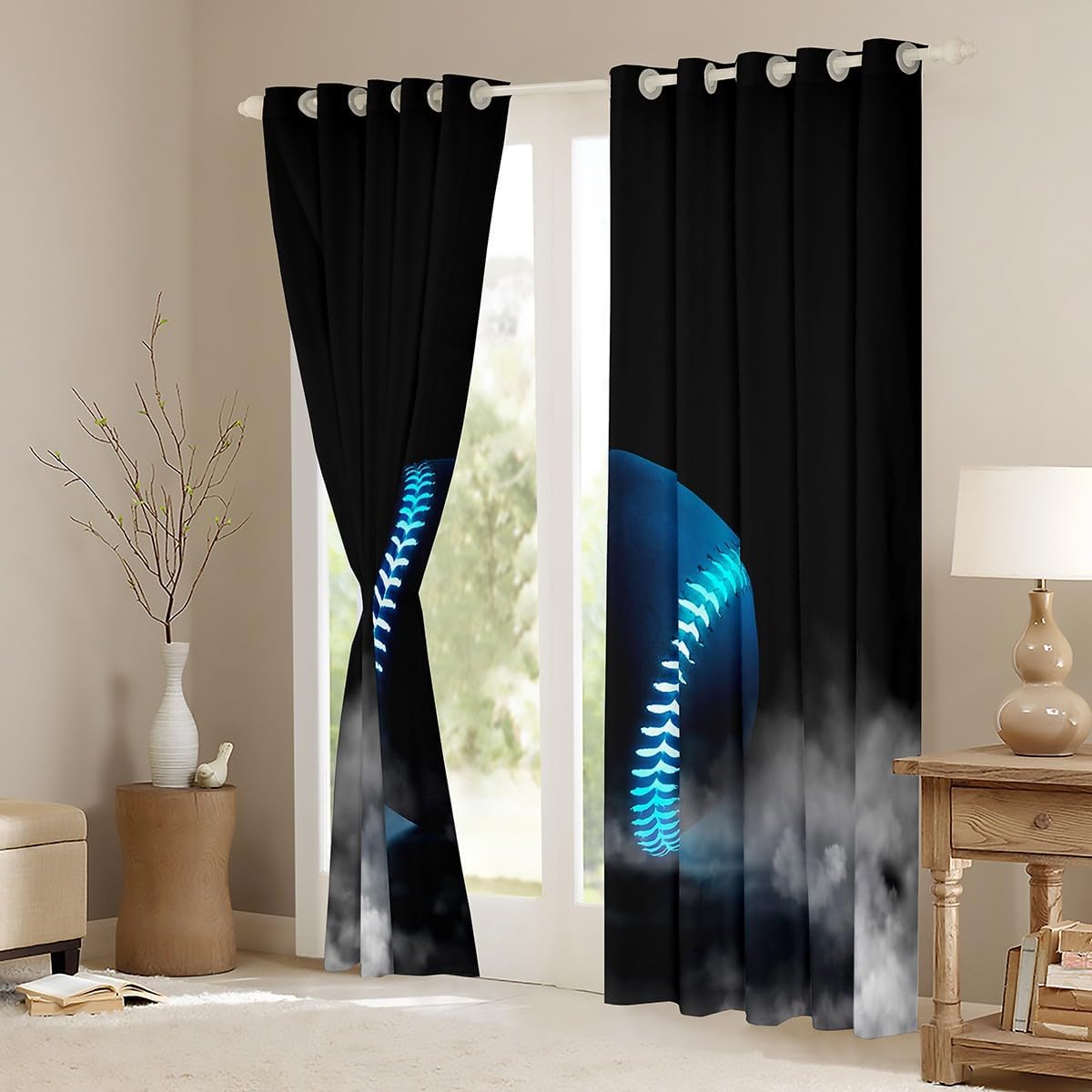 Baseball Window Curtain,Neon Blue Glowing Baseball Curtains,Ball Sports Games Blackout Window Treatment for Kids Boys Teens Room Decor,Fashion Modern Foggy Black Window Drapes,2 Panels,42Wx63L