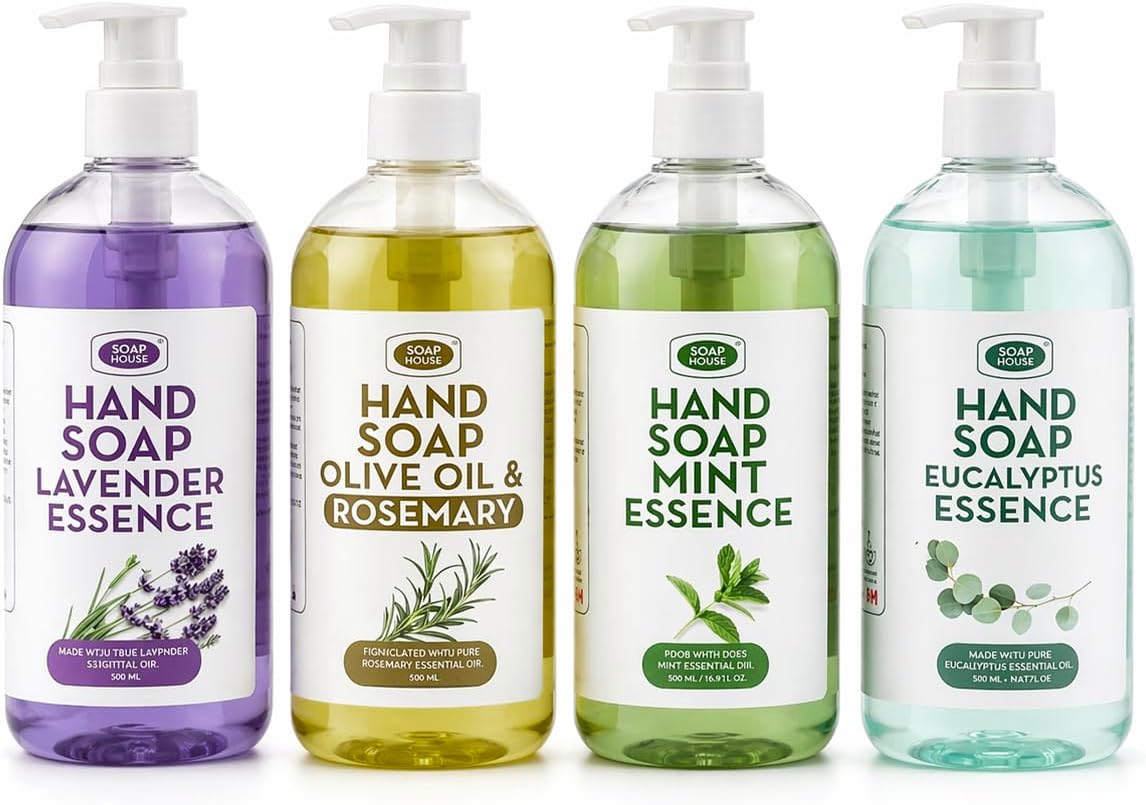 Soap House Hand Soap | Breathe the Nature Collection | Made with Real Essential Oils | Eucalyptus, Mint, Rosemary and Lavender | Savon Maison | Pack of 4 units (500ml x 4)