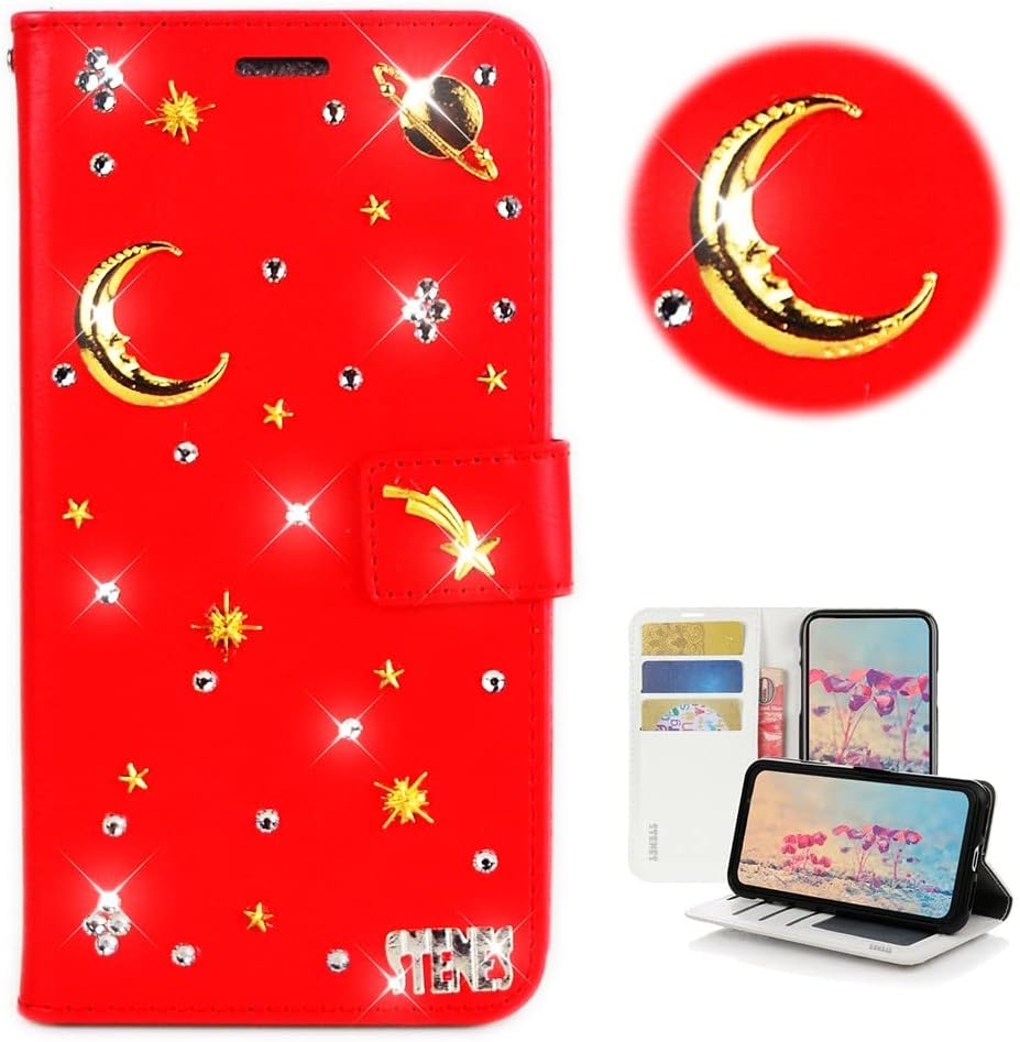 STENES Bling Wallet Phone Case Compatible with LG Stylo 6 - Stylish - 3D Handmade Retro Flowers Butterfly Glitter Magnetic Leather Cover with Screen Protector & Neck Strap Lanyard - Red