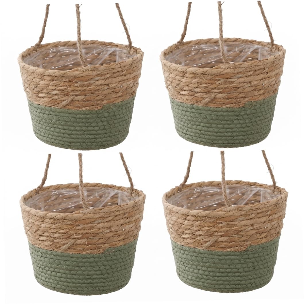 Ameble 4Pcs Handwoven Cattail & Paper Cord Hanging Flower Pots Plant Baskets for Indoor Outdoor Decor - Green