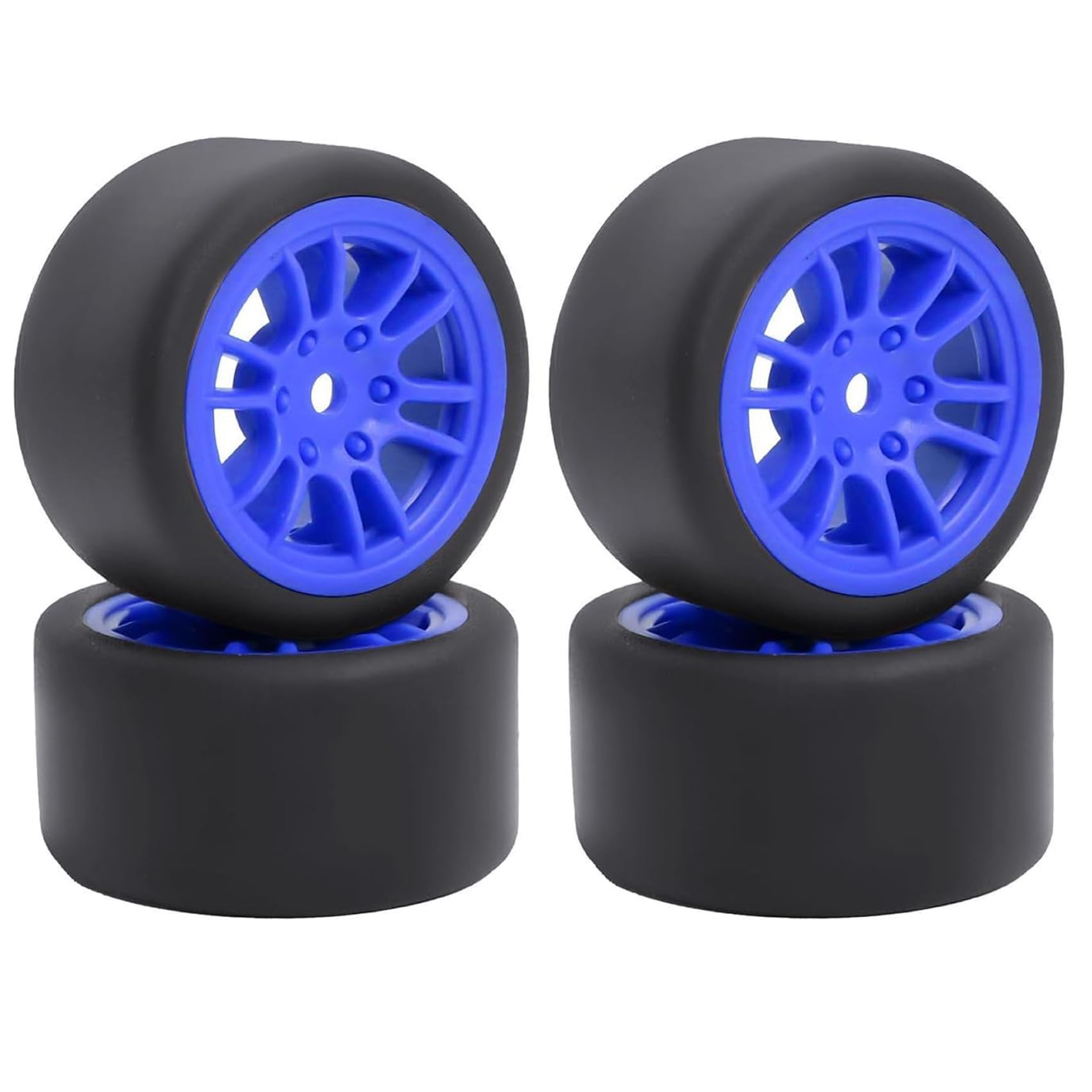 KINGCOO 4PCS Pre-Mounted On-Road Drift Racing Smooth Rubber Tires and Wheel Rims Set 7MM Hex for 1/28 Losi Micro-T WL244016 RC Car Upgrades Parts (12Spoke-Blue)