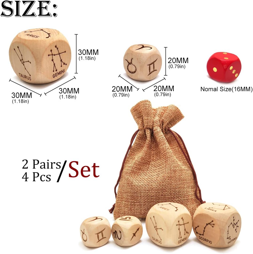 2 Pairs/Set Zodiac Constellation Dice Set - 2Pcs 20MM + 2Pcs 30MM Engraved Wooden Astrological Dices for Divination Accessory (V1(20MM)+V2(30MM))