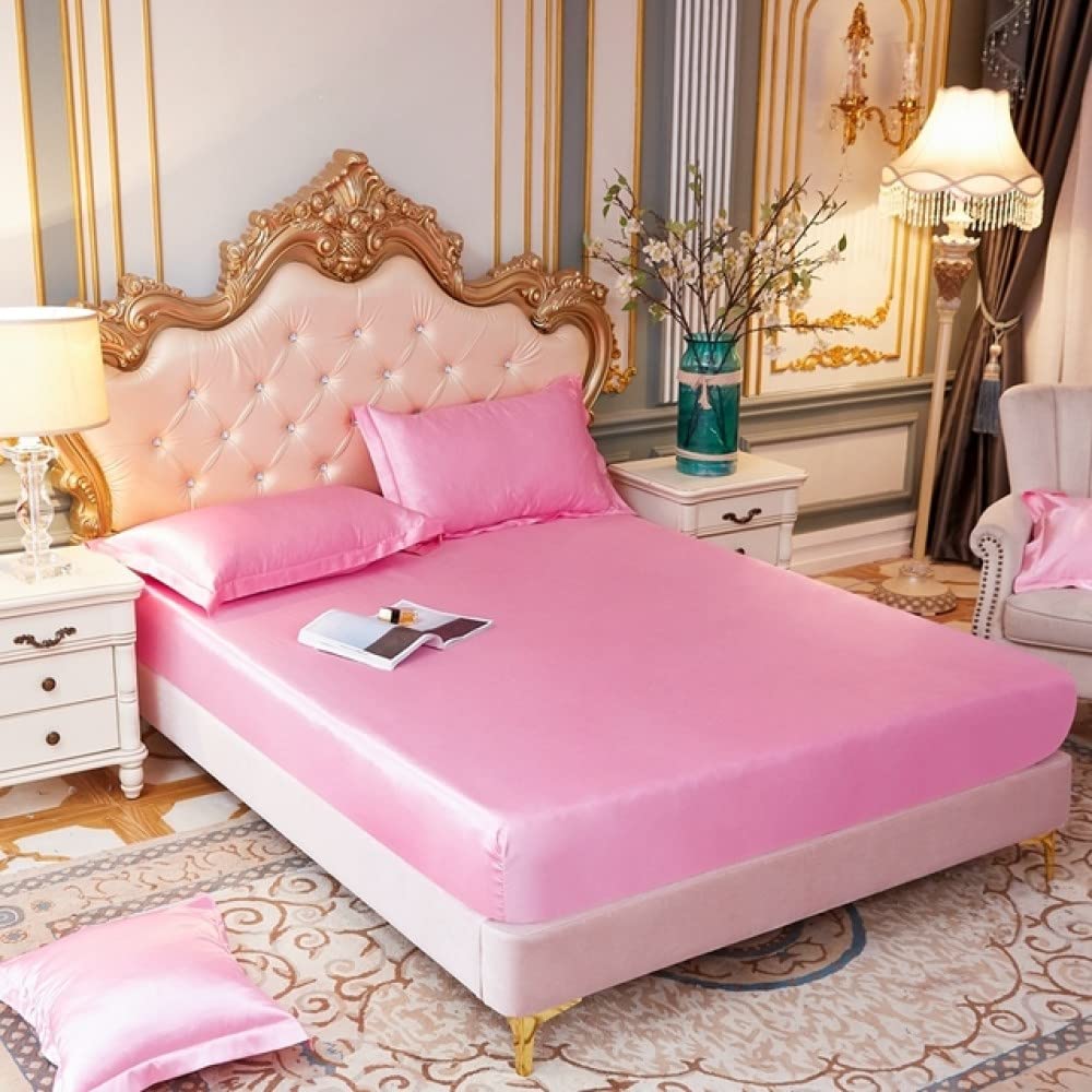 Drap housse en satin de soie 160x200 cm et 2 taies d'oreiller Yin hua Fen
