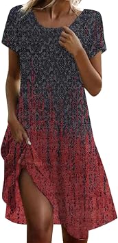 Women's mid long printed dress, bohemian dress, short sleeves, round neck, large size, summer dress, chic and elegant, loose, lightweight, flowing, casual, base for party, beach, travel, holiday