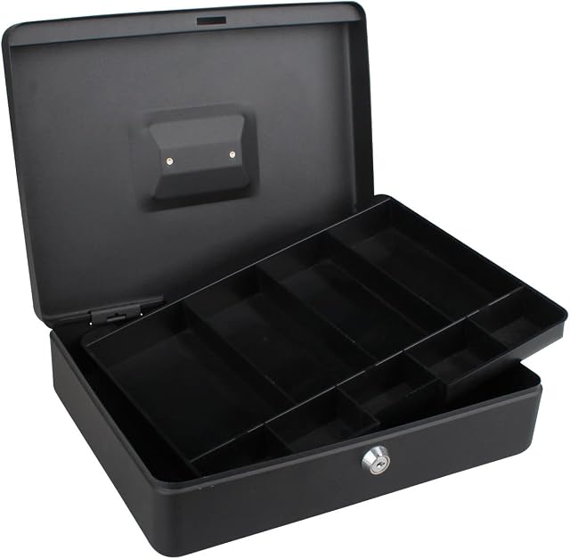 Tech Traders ® 12" Cash Box Black, Steel Petty Cash Box Supplied with 2 Keys and Removable Change Tray- Perfect Secure Storage for Loose Change