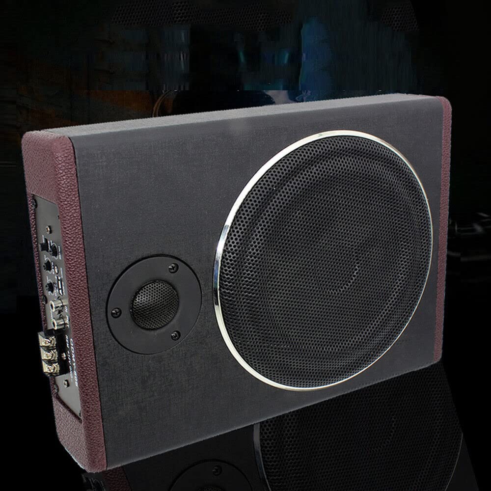 Subwoofer piatto per auto, basso attivo, set attivo ultra compatto, sotto il sedile, corpo in legno rivestito in pelle PU, riduce le vibrazioni, nero