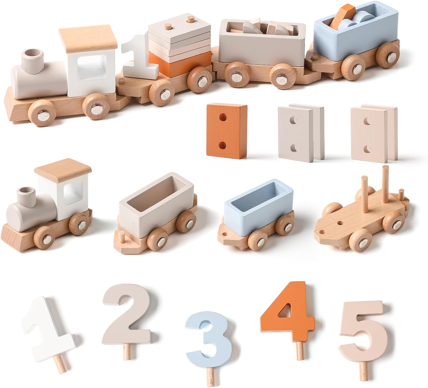 Mamimami Home Wooden Train Set Train with Numbers & Blocks for Toddlers 1-4, Baby Gift
