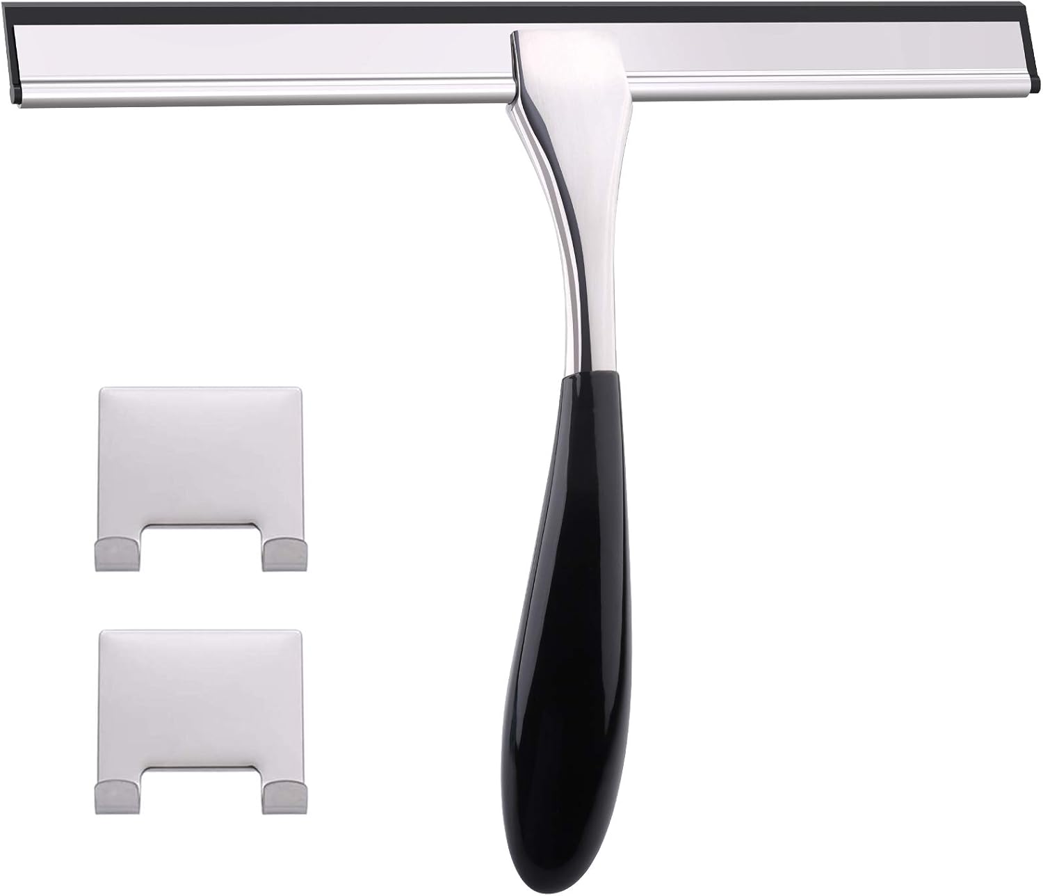 GLAMFIELDS Shower Squeegee Stainless Steel Silicone Glass Bathroom Squeegee with 2 Hooks Long Handle for Shower Doors Cleaner,Mirrors,Tiles 12 Inch Blade