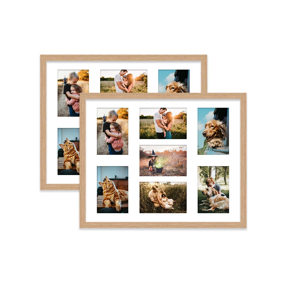 Oak Multi Photo Frame - Holds 7 x 6x4 Pictures, Family Collage Picture Frame for Wall Display, 20x16 Frame size, Set of 2