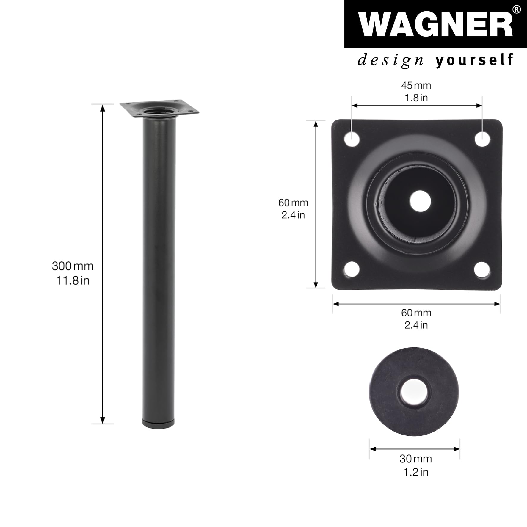 WAGNER Classic Retro 12103001 Furniture Leg Diameter 30 x 300 mm Integrated Screw-On Plate 60 x 60 mm Internal Thread Diameter 10 mm Powder-Coated Steel Black - Image 2