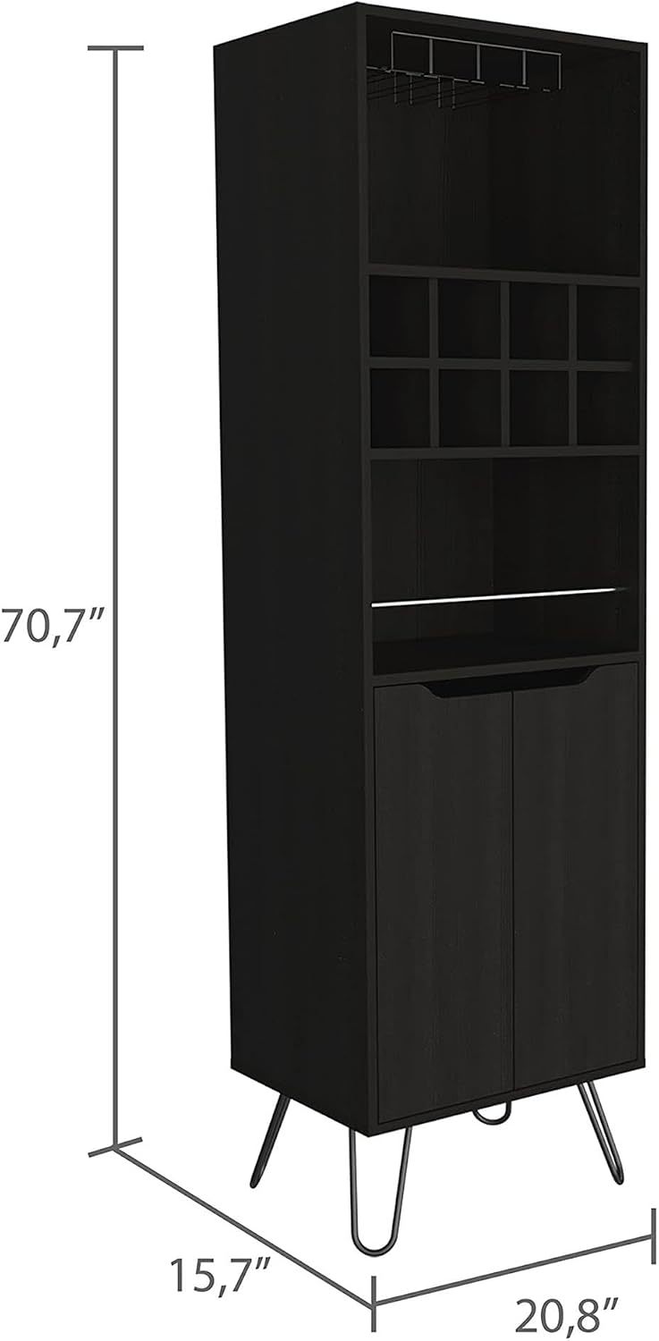 Pemberly Row Double Door Bar Cabinet, Black Finish, Engineered Wood, 70.7" H x 20.8" W x 15.7" D, 8-Bottle Wine Rack, Glass Shelf, 4 Shelves, Modern Style for Home Bar and Entertaining Spaces