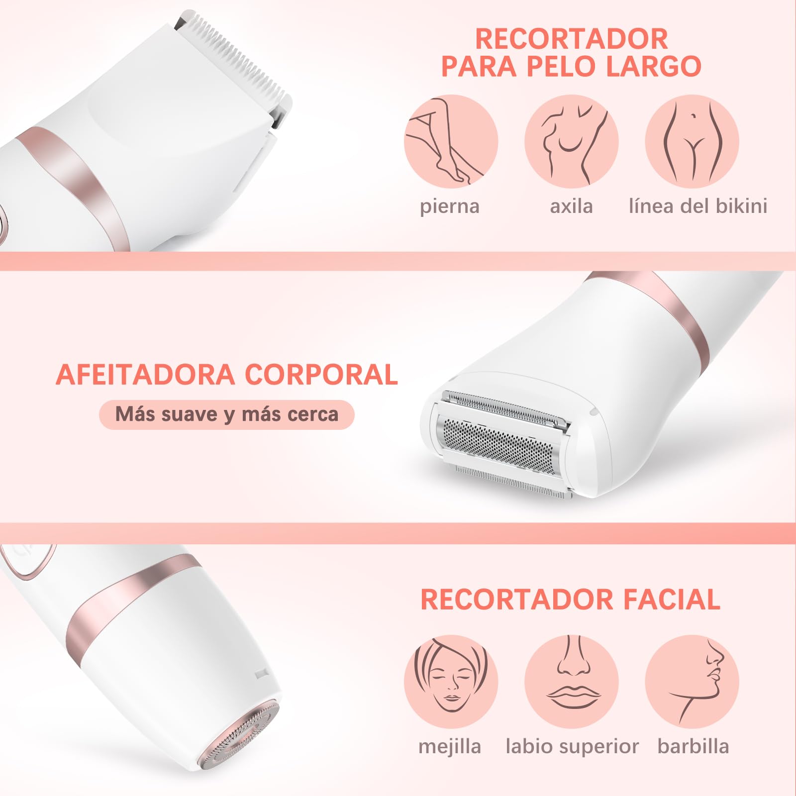 Afeitadora Eléctrica Mujer, MAXGROOM Set de Depiladora Electrica 3 en 1 para Mujer, IPX6 Utilizable en seco/mojado Recortadora Corporal Mujer, Apto para Facial, Cuerpo y Las Zonas íntimas