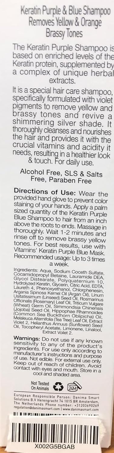 VITAMINS hair cosmetics Keratin Purple Shampoo for Blondes - Blue Shampoo - Hair Toner for Bleached Hair - Tones Brassiness & Repairs Blonde, Silver, Grey, White & Ash Gray Locks