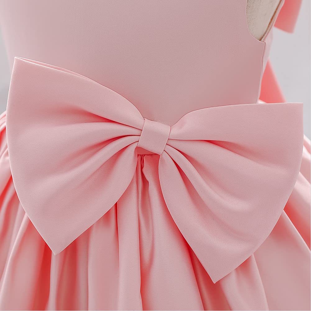 Abiti da bambina in raso senza maniche a trapezio tutù principessa fiocco in vita matrimonio concorso di compleanno formale festa ballo