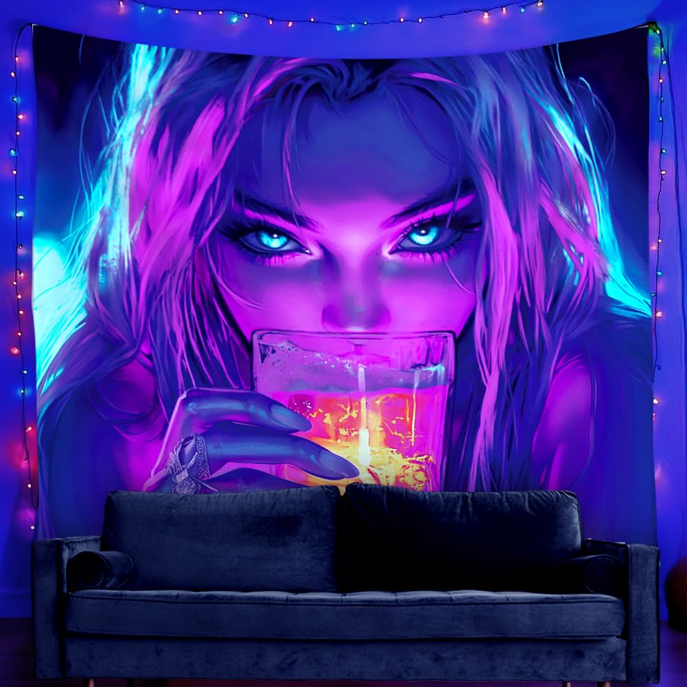WEBEEDY Black Light Cool Women Anime Tapestry for Bedroom UV Reactive Aesthetic Tapestry Glow In The Dark Party Backdrop Decoration for Dorm Living Room Home Photo Shoot Prop (150x130cm) - Image 3