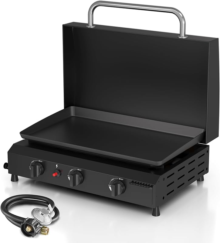 Plancha de gas de 25,6 pulgadas con tapa plana, plancha de propano portátil de mesa de 3 quemadores para cocinar al aire libre, barbacoa, camping y barbacoa, salida de 45.000 BTU