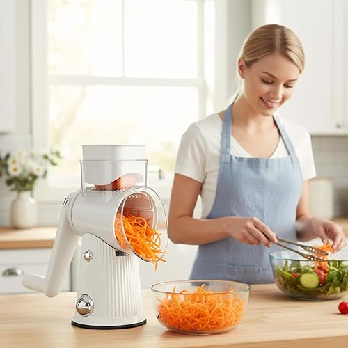 Miniatura 4 de TOPAA Rallador rotativo de queso, mandolina, cortador de verduras con 3 cuchillas intercambiables, rallador fácil de limpiar para frutas, verduras y