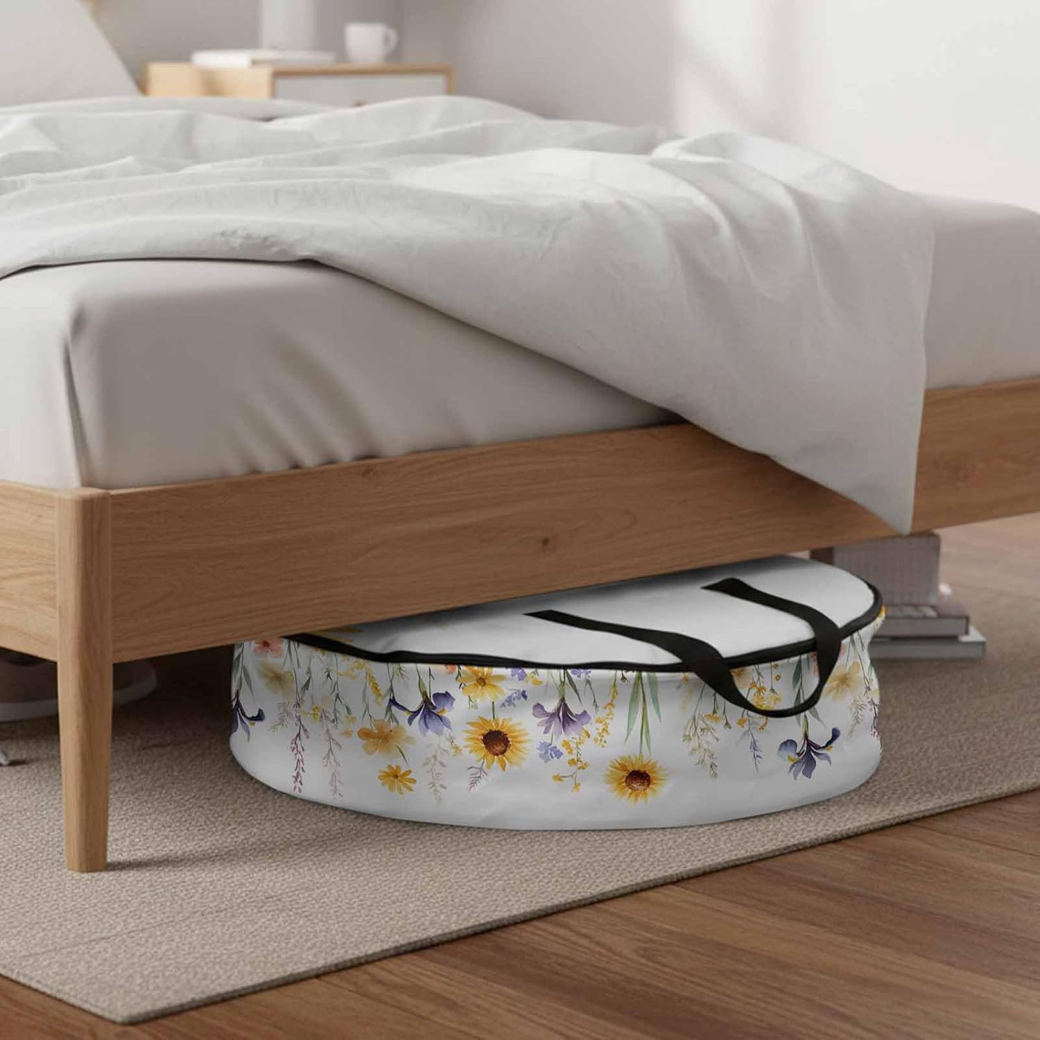 Pastoral Sunflowers Round Storage Bag 36 Inch, Leaves Plants Floral Watercolor Clothes Storage Container with Handles Heavy Duty Organizer for Comforter, Bedding & Holiday Wreaths