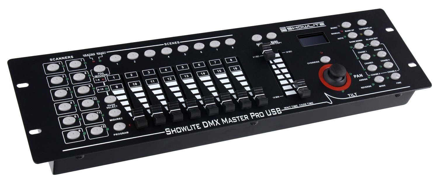 Showlite Master Pro Controller DMX 192 Canali (per controllo luci professionale, connessione USB per salvataggio dati, max. 240 memorie scena, ingresso Midi: interfaccia standard a 5 poli)