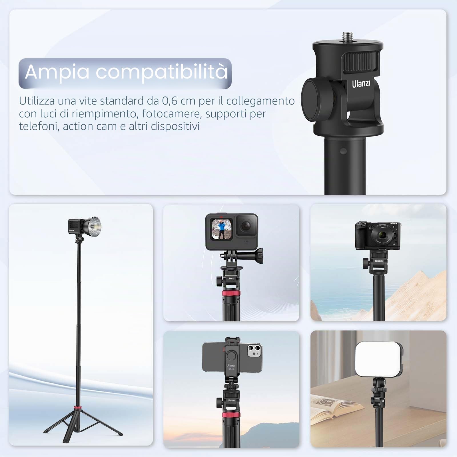 Treppiede estensibile in alluminio ULANZI MT-79, supporto leggero portatile da 204 cm con vite da 1/4 di pollice, regolazione dell'angolo di 180°, treppiede per fotocamera, luce video, smartphone