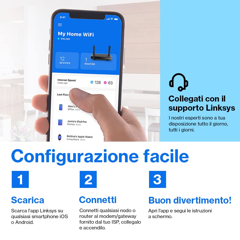 Linksys Blue Label Sistema WiFi 6 Mesh, 1 Router AX5400, 2 Nodi AX5400, per Gaming Online, 60 Dispositivi, fino a 750 m², Copertura, Filtri Famiglia Tramite l'App Linksys