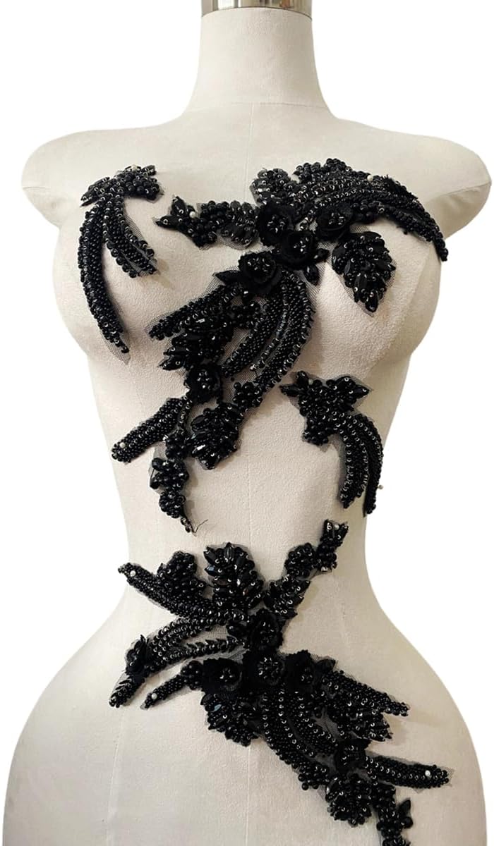 4 PCS Hand-Made Beaded Rhinestons DIY Clothing Appliques Patch Wedding Dress Decoration Three-Dimensional Flower Applique 2 Pairs (Black)