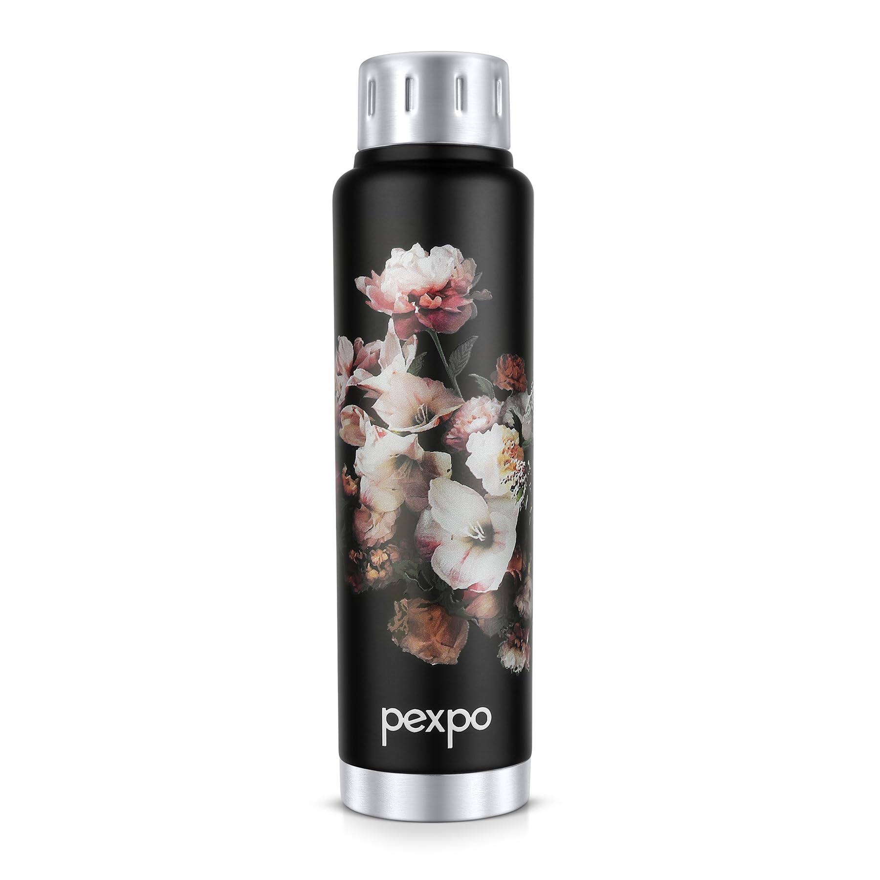 Go24 pexpo Cameo ISI Certified Stainless Steel Vacuum Insulated Flask - 500ml | Double Wall Hot & Cold Upto 6-8 Hours | Office, School, Gym, & Travelling | Men, Women & Kids - Floral Black