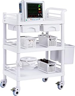VEVOR Medical Mobile Trolley Cart with 2 Drawers & 3 Trash Cans, 3 Tiers Beauty Salon Rolling Trolley with 4 Silent Wheels & 2 Dirts Bucket & Bowl, Medical Utility Cart for Hospital Dental Clinic Lab