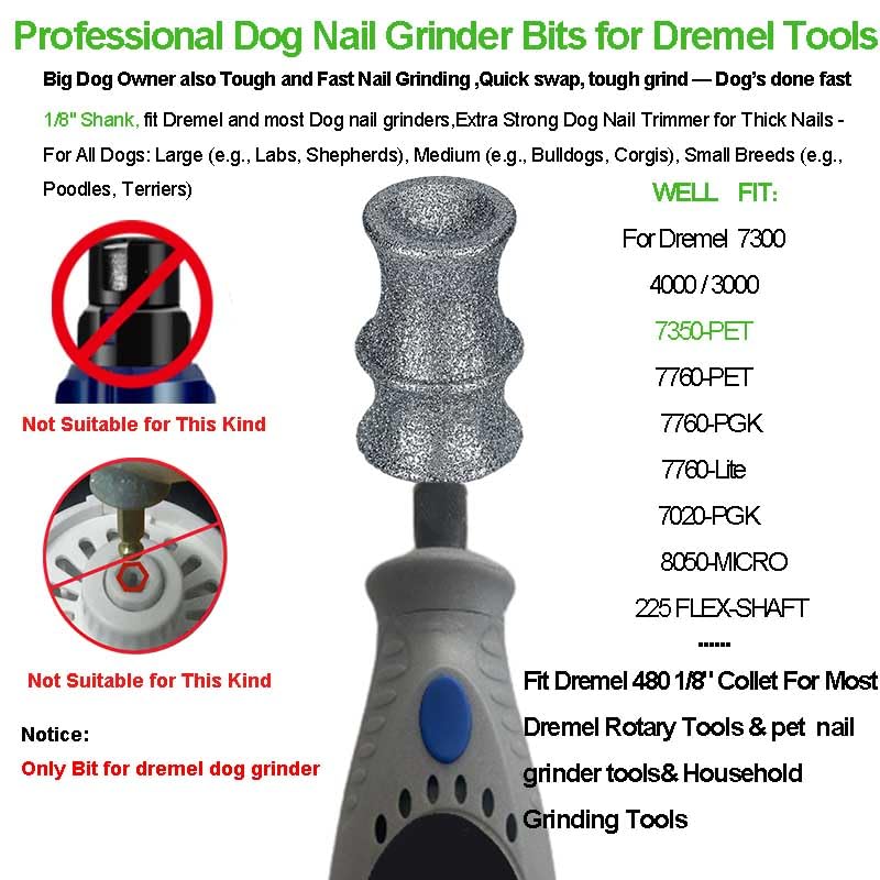 Image of Diamond Dog Nail Grinder Bit Compatible with Dremel 7760 7350 & More, 1 /8'' Stress-Free Replacement Head Attachment, Ideal for Medium, Large & Extra Large Dogs, Thick Nail Grooming, 2-Pack | 1 /8 inch Diamond Bit for Dog Nails for Dremel, Safe Nail Trimming, Smooth for Thick Nails