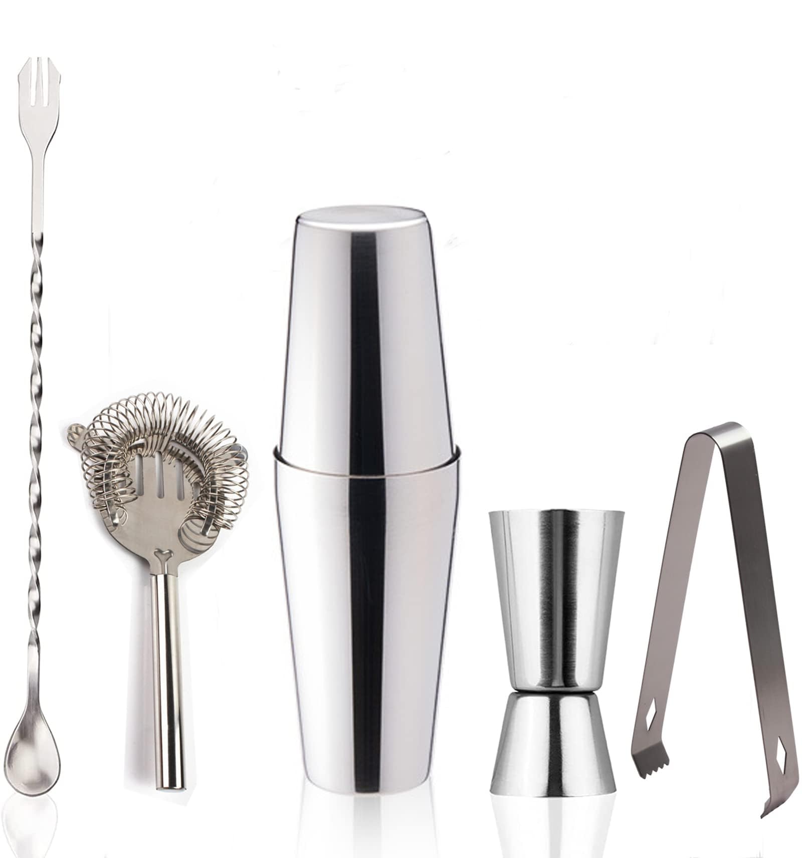 THE WHITE SHOP 600-700ML Stainless Steel Cocktail Shaker Set Boston Style Shaker Wine Mixer Drinking Tool for Bartender Gifts (6pcs)