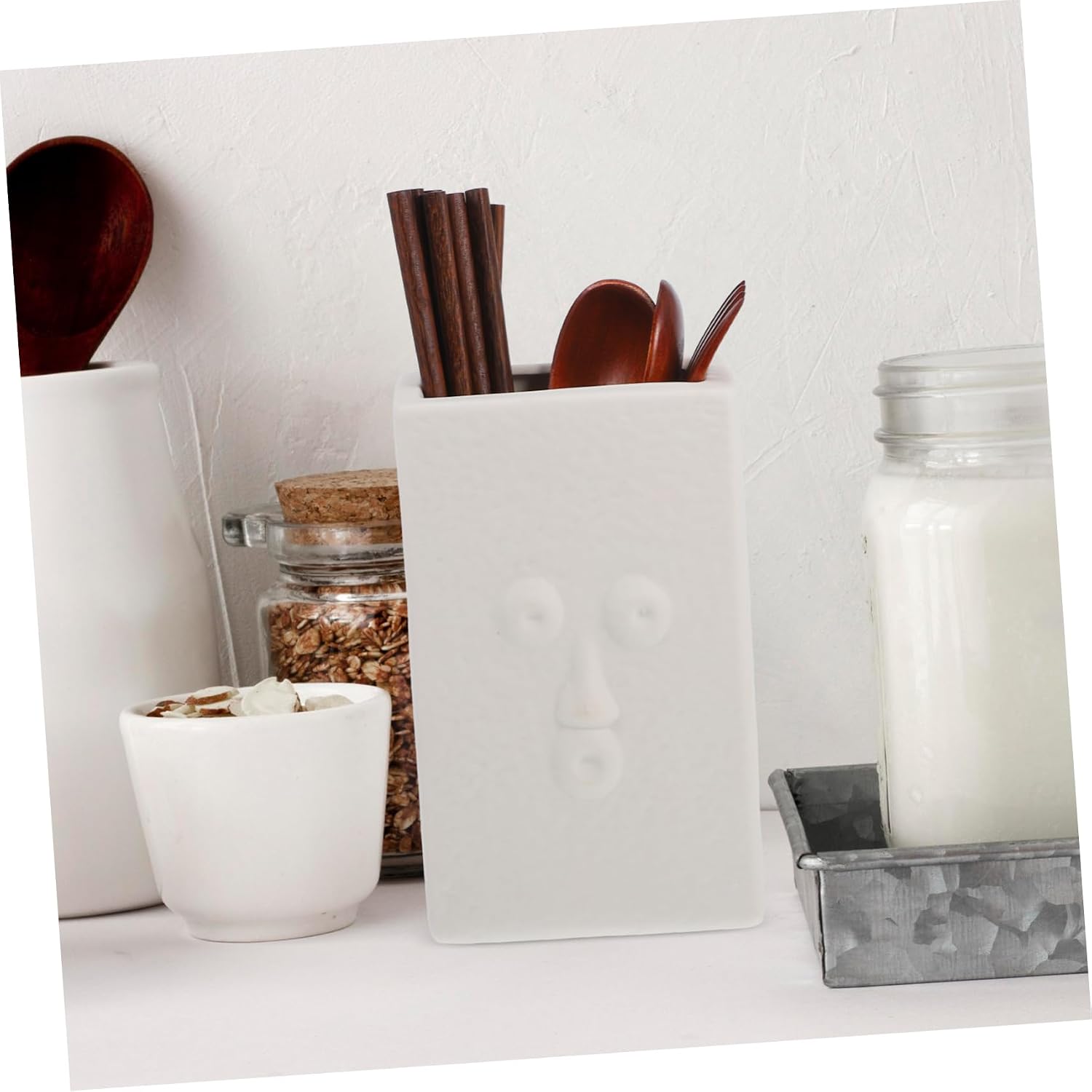 Mikinona 1Pc Chopstick Holder Minimalist Cutlery Storage Organizer for Dining Table Abstract Face Design White Kitchen Supplies for Home Restaurant Use