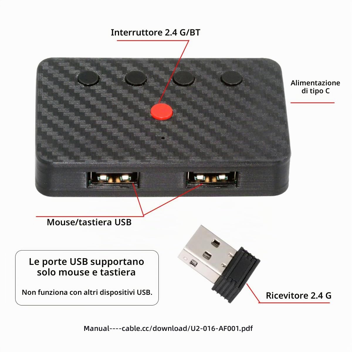 CY Tastiera e mouse cablati USB convertiti in convertitore Bluetooth (BT) wireless 2.4G con ricevitore di tipo C per laptop, tablet, telefono