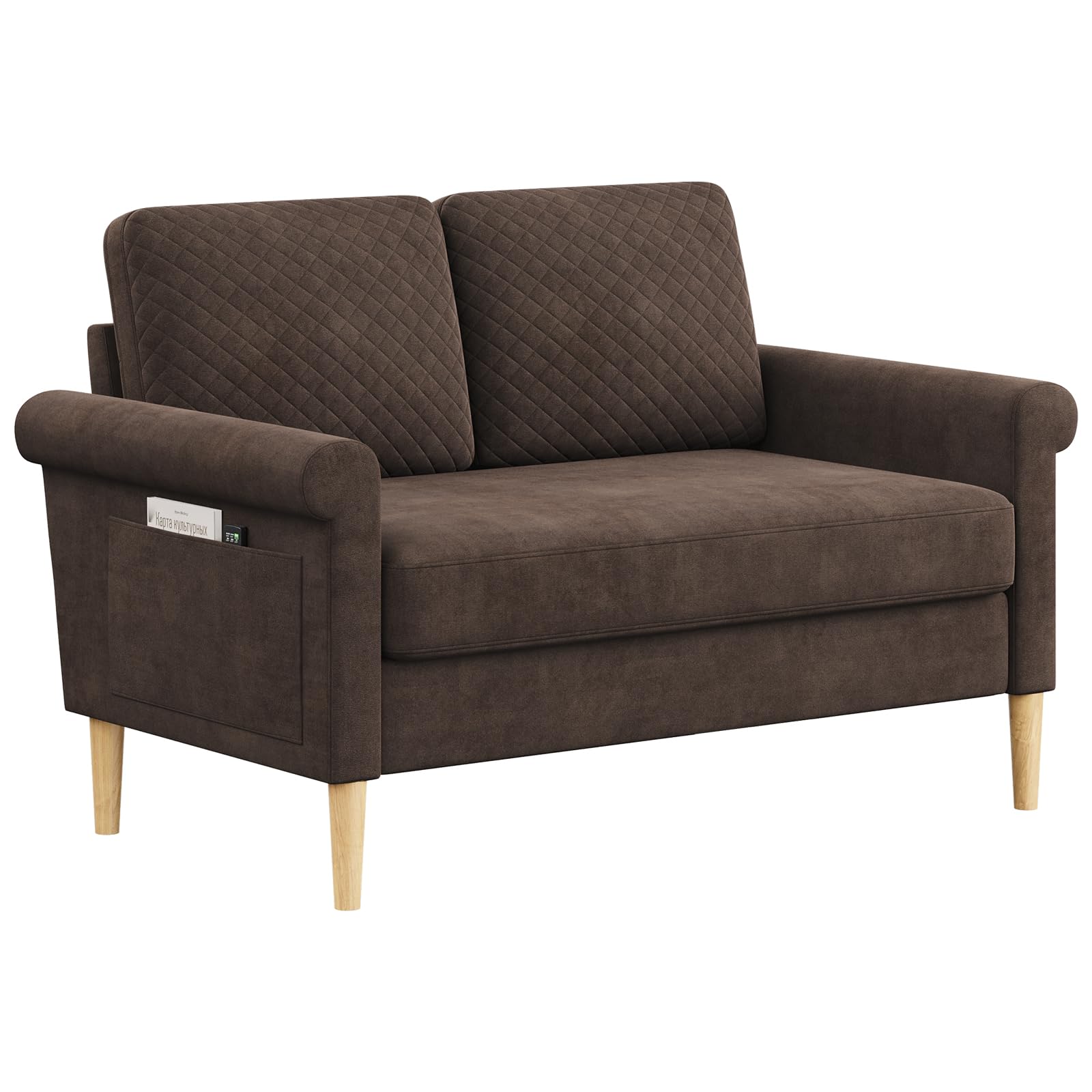 Vesgantti Divano Piccolo in Tessuto 2 Posti, con Tasche di Archiviazione su Entrambi i Lati, Mini Divano Imbottito per Soggiorno Ufficio, Montaggio Senza Utensili, 123L x 70P x 88H cm, Marrone