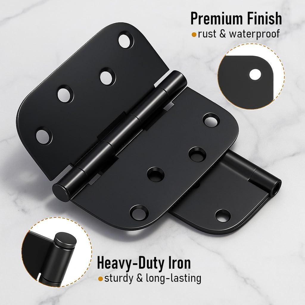 ANGSTROM 4" x 4" Heavy Duty Door Hinge – 8 Hole with Rounded Corners for Interior or Exterior Door, Matte Black (6-Pack)